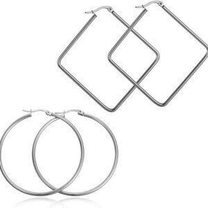 Lightweight Women's Surgical Stainless Steel Hoop Earrings Set - 50mm Round & 60